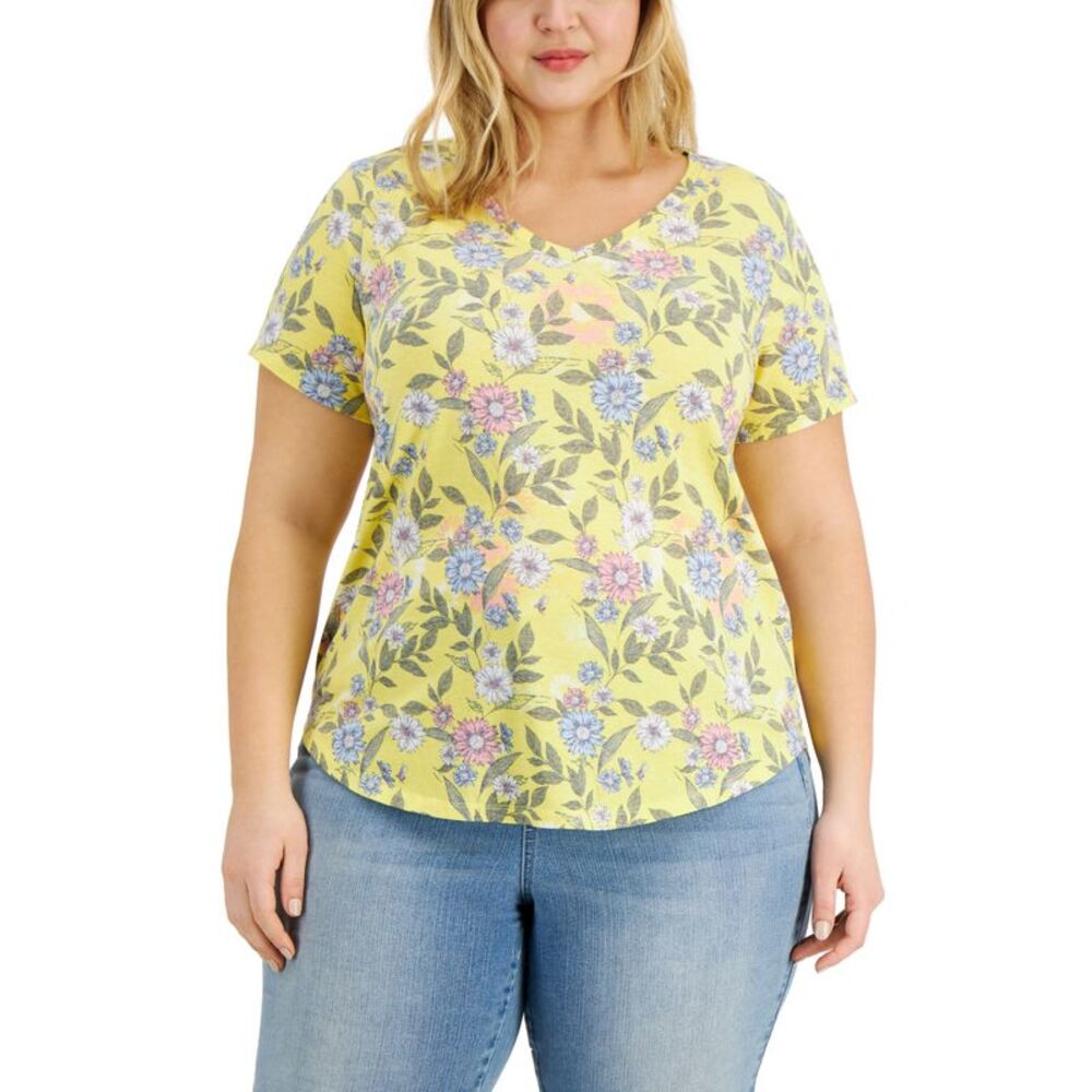 Style & Co Plus Size Printed Burnout V Neck Top
